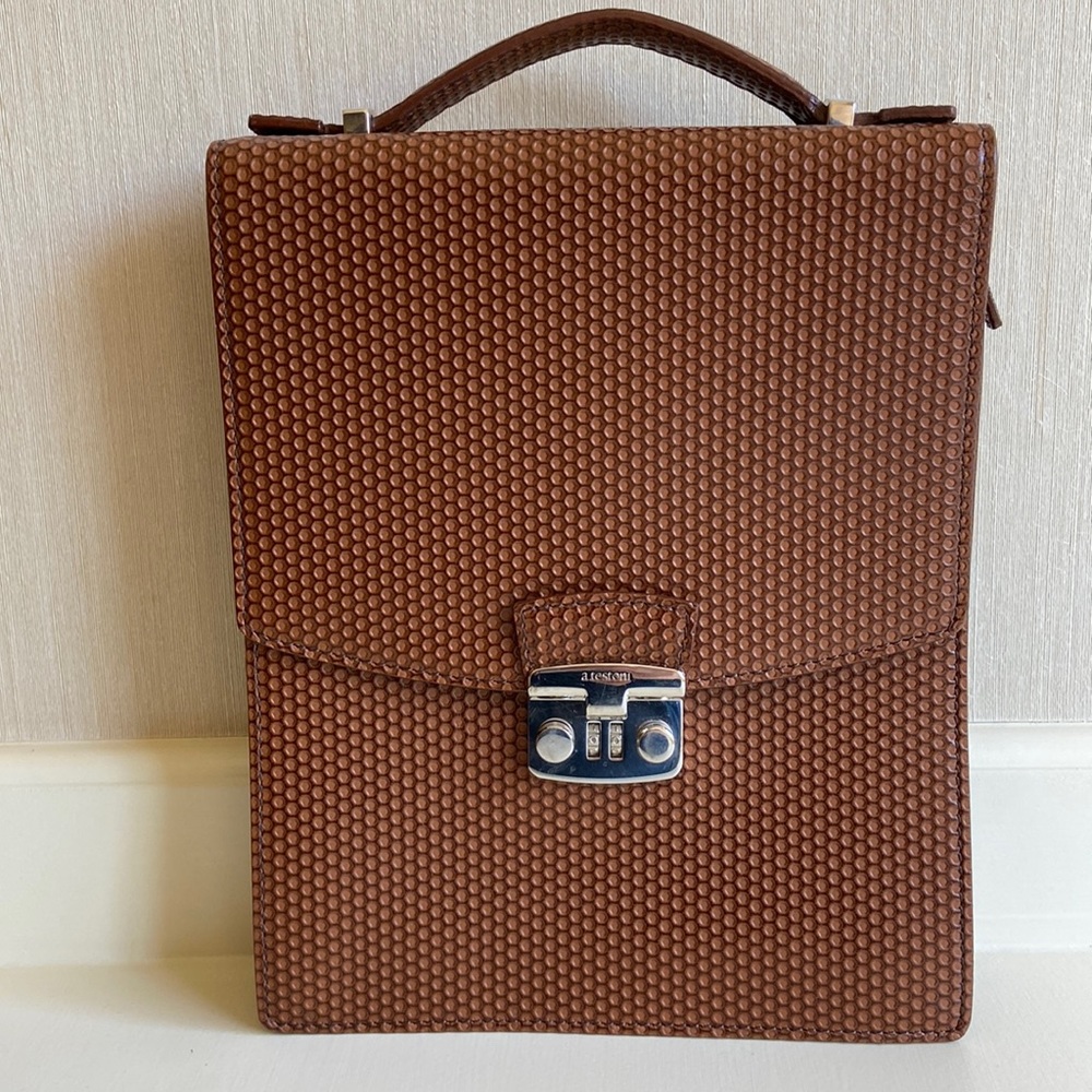 A.testoni Textured Brown Leather Briefcase with Silver-Tone Lock 11.5x9